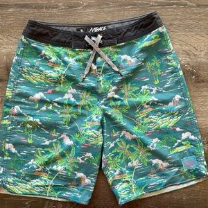 Rip Curl board shorts, boys, Hawaiian design, green/pink, Size 28